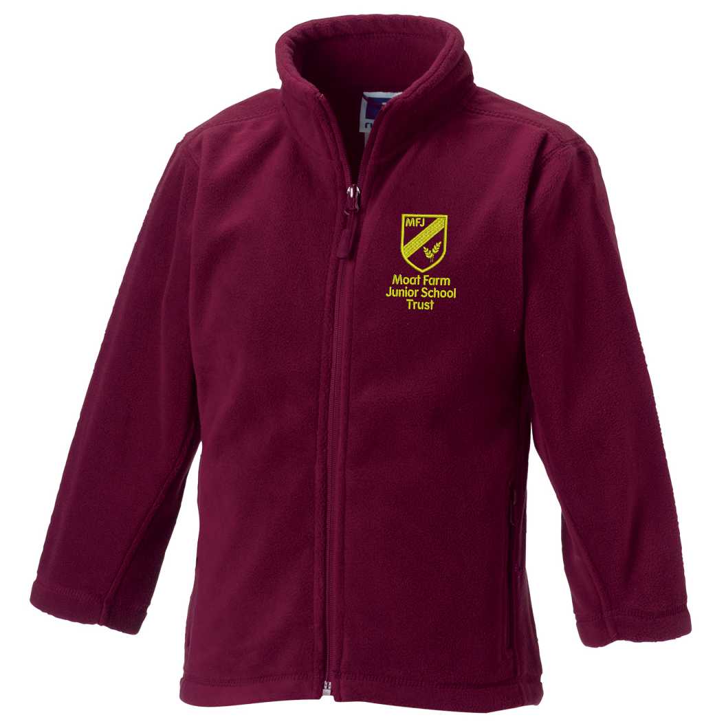 Maroon full zip fleece jacket, embroidered Moat Farm logo to left breast