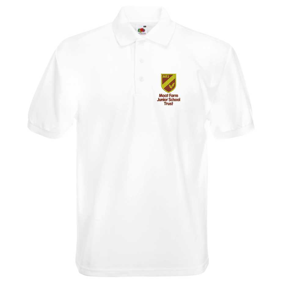 White poloshirt embroidered with Moat Farm logo to left breast