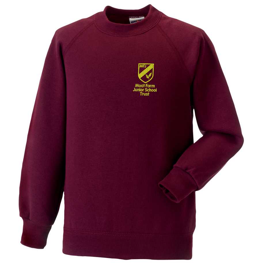 Maroon Crew neck sweatshirt, embroidered Moat Farm logo to left breast