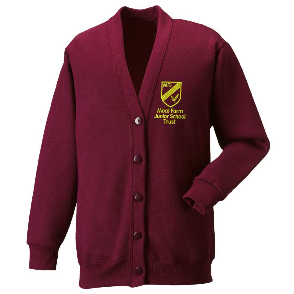 Maroon Cardigan, embroidered Moat Farm logo to left breast